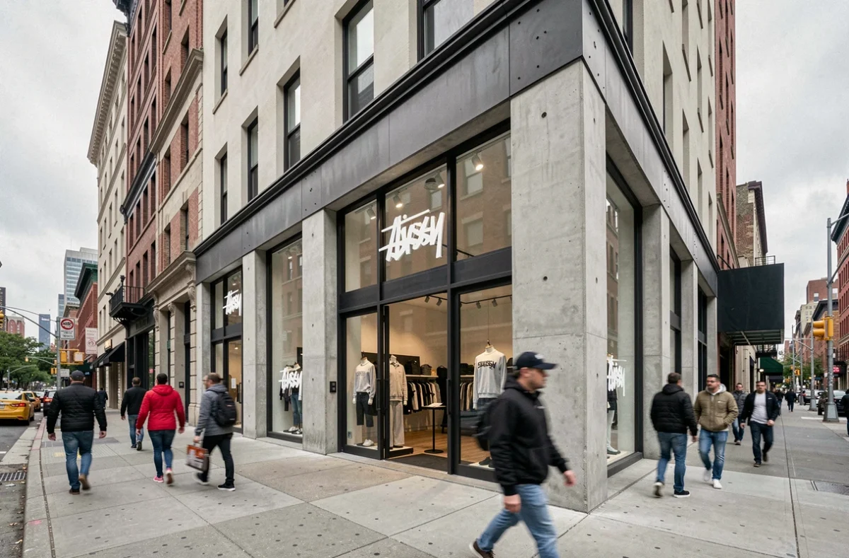 Façade d'une boutique Stussy en milieu urbain avec passants, représentant la présence commerciale mondiale et la structure de propriété de la marque