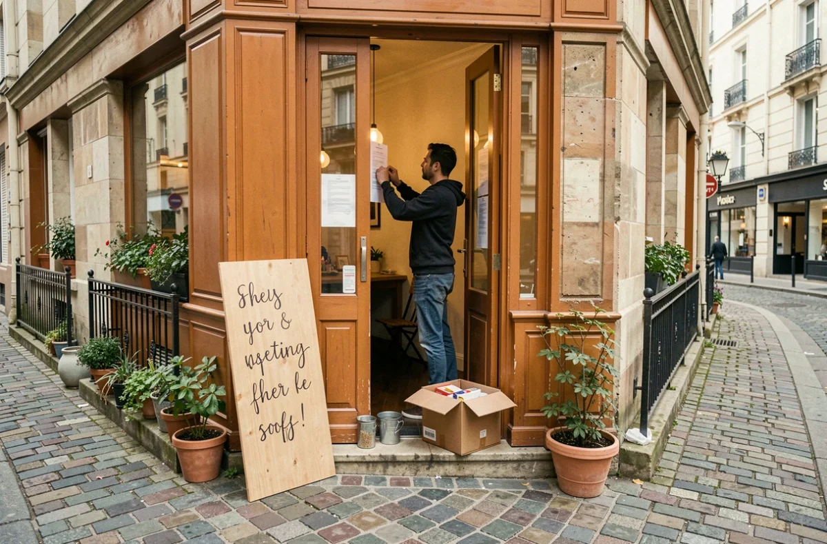 Façade d'un café parisien en cours d'ouverture avec affichage réglementaire et signalétique sur devanture