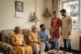 Famille indienne multigénérationnelle réunie dans un appartement urbain de Mumbai, illustrant la diversité démographique de l'Inde
