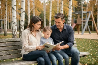 Famille heureuse avec deux enfants dans un parc scandinave en automne, illustrant la qualité de vie dans les meilleurs pays pour élever ses enfants