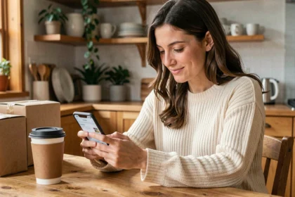 Femme faisant des achats en ligne sur son smartphone dans une cuisine moderne avec des colis livrés sur la table