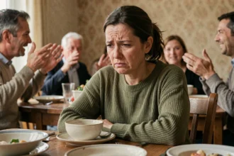 Femme agacée lors d'un repas de famille, expression tendue à table avec des proches en arrière-plan flou