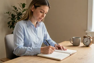 Femme organisée écrivant dans un agenda structuré dans un bureau moderne pour maîtriser la gestion du temps