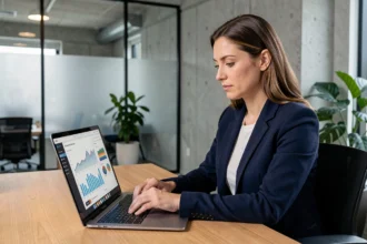 Femme analyste fintech travaillant sur un tableau de bord financier numérique dans un bureau moderne