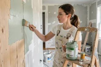 Femme appliquant une peinture écologique vert sauge sur un mur en bois lors d'une rénovation intérieure