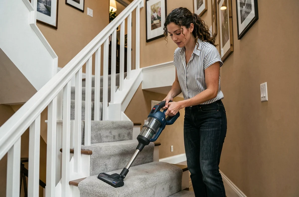 Femme aspirant et lavant les escaliers moquettés avec un aspirateur sans fil dans une maison moderne