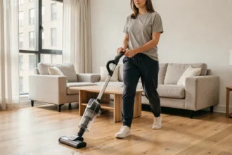 Femme utilisant un aspirateur laveur sur parquet en bois dans un salon moderne