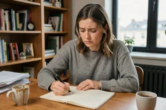 Femme fixant un carnet vide, bloquée par un manque d'inspiration créative à son bureau