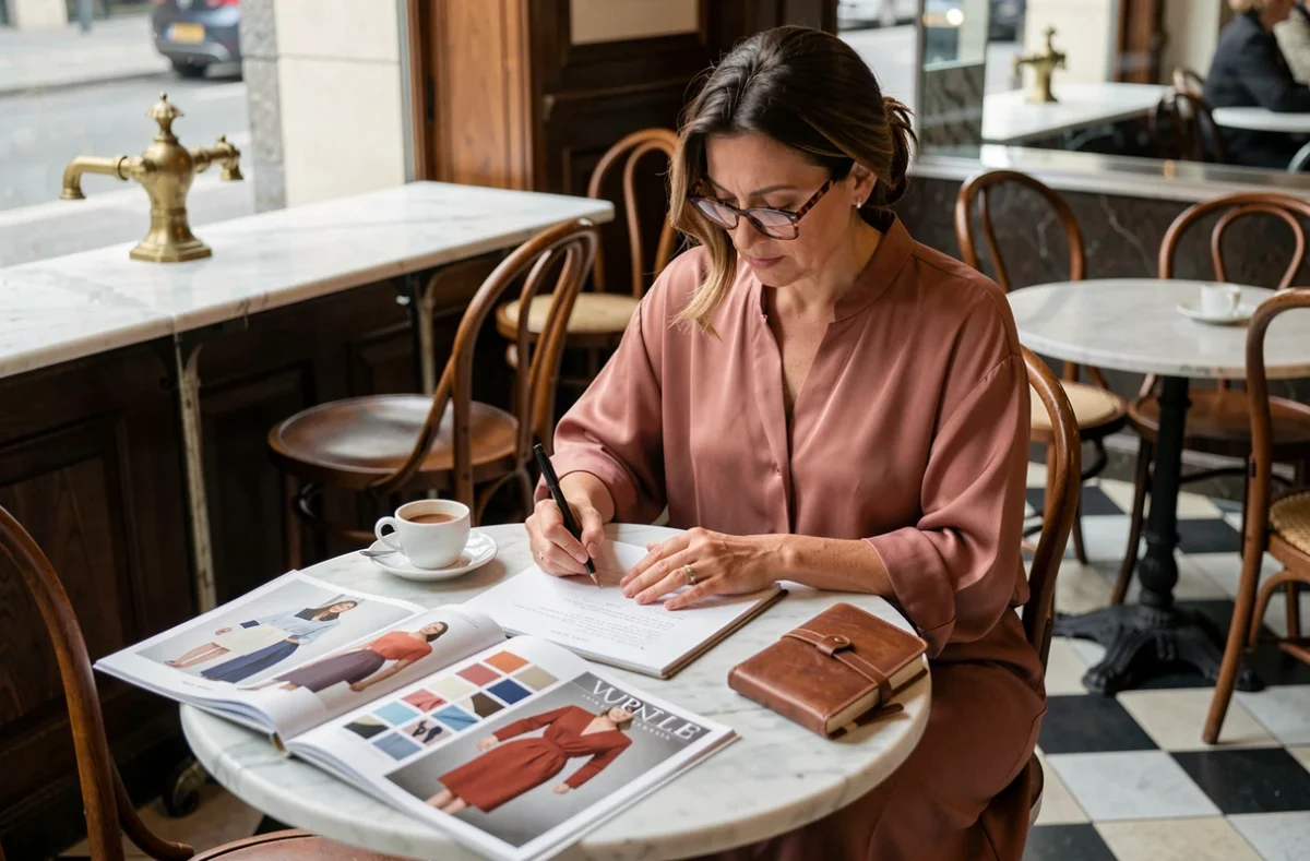 Femme élégante dans un café parisien créant un mood board de style pour définir son look iconique personnel