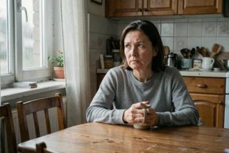 Femme d'âge moyen seule dans une cuisine, regard perdu dans le vague, illustrant la dépression et la solitude