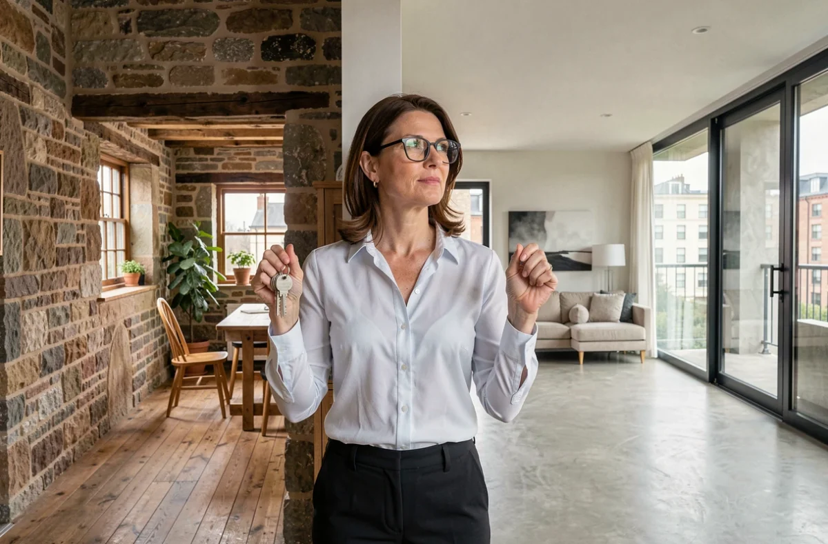 Femme tenant deux clés de maison entre une maison de campagne et un appartement urbain