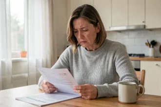 Femme examinant des documents de prêt hypothécaire à taux fixe à la table de cuisine de sa maison