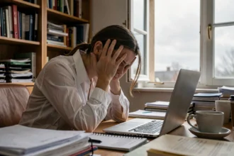 Femme épuisée assise à un bureau encombré, la tête dans les mains, symbolisant le manque d'équilibre entre vie professionnelle et personnelle