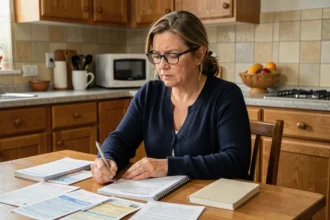 Femme analysant ses finances personnelles à la table de cuisine face à l'inflation et la hausse des prix