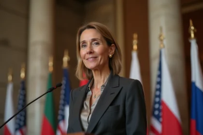 Femme influente prenant la parole à un podium lors d'une conférence internationale prestigieuse