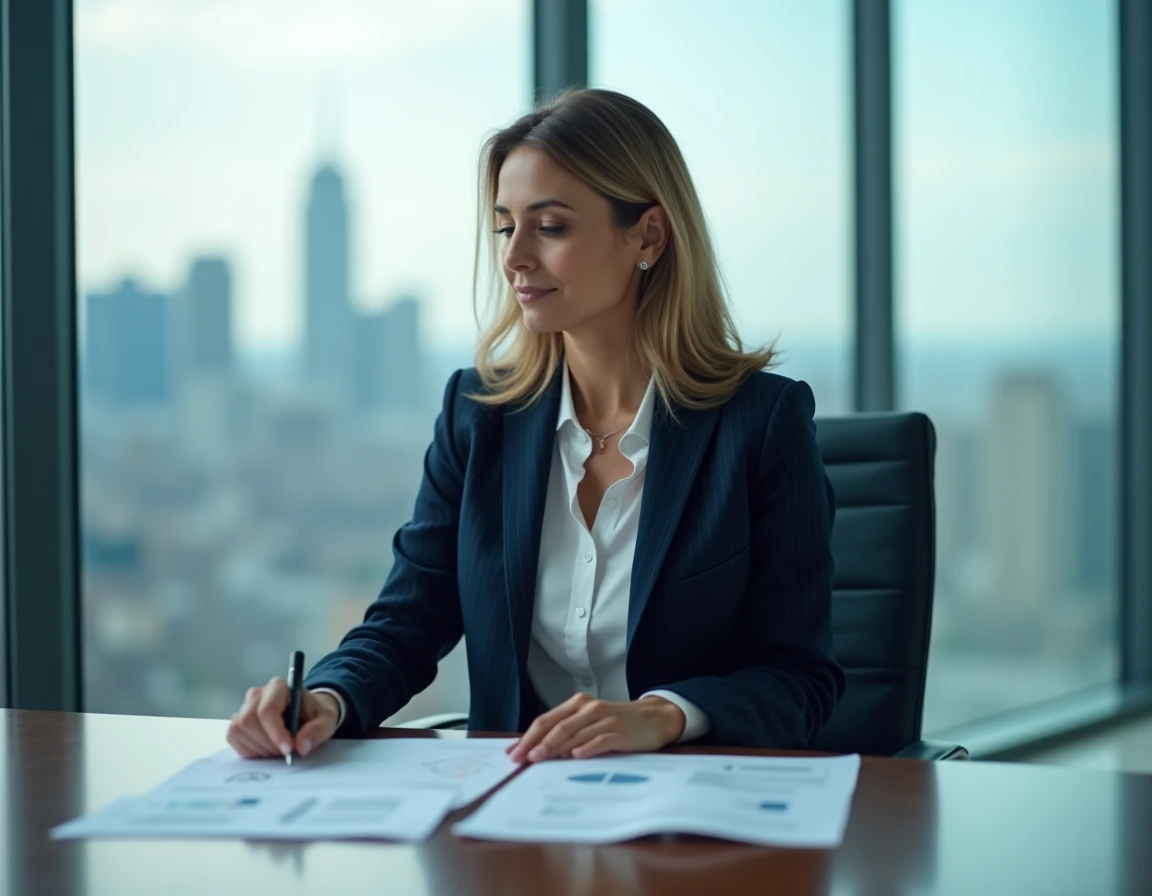 Femme d'affaires influente en réunion dans une salle de conseil avec vue sur la ville