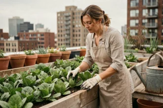 Femme entretenant un potager sur un toit en milieu urbain, illustrant les objectifs de l'agriculture urbaine