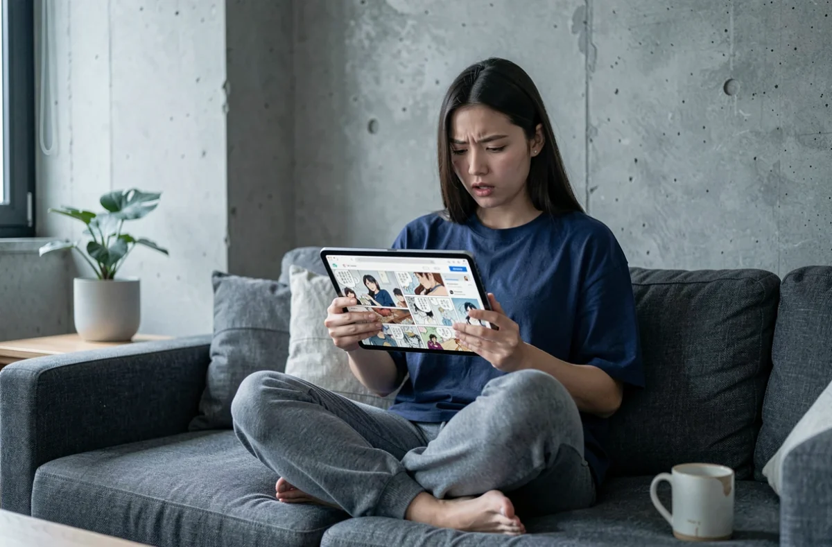 Jeune femme consultant un site de scans manga sur tablette dans son salon, symbolisant l'attente impatiente des sorties de chapitres de One Punch Man