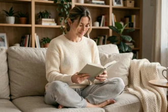 Femme détendue lisant un livre sur un canapé en lin dans un salon chaleureux pour combler son temps libre