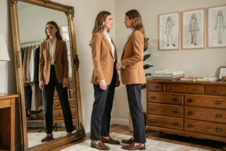 Femme en blazer camel devant un miroir vintage dans une chambre décorée, composant son look iconique personnel