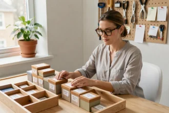 Femme organisant des boîtes de rangement sur un bureau minimaliste en bois dans un bureau à domicile optimisé