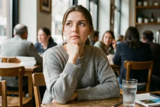 Femme pensive seule dans un café, illustrant le sentiment d'impression et d'introspection