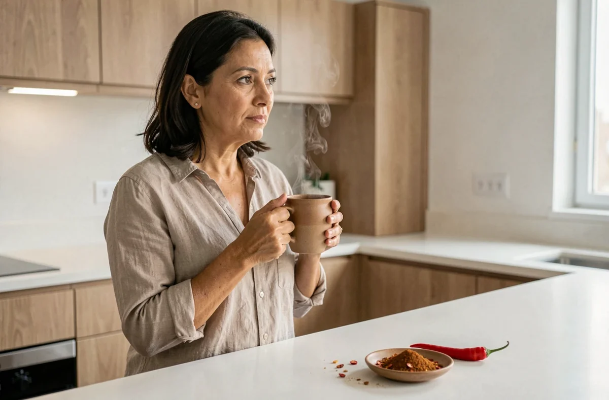 Femme tenant une tasse chaude dans une cuisine moderne avec du piment rouge posé sur le plan de travail, symbolisant les remèdes naturels pour la digestion