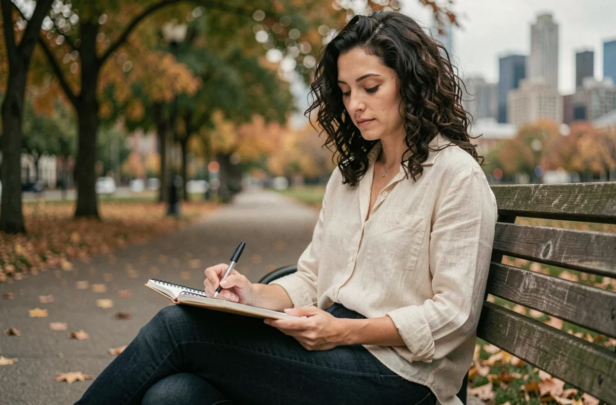 Femme pensive écrivant dans un carnet sur un banc de parc en automne, évoquant la réflexion sur les besoins personnels et le bien-être