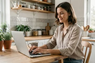 Femme consultant ses revenus passifs sur un ordinateur portable dans sa cuisine moderne