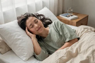 Femme endormie profondément dans un lit douillet avec draps en lin blanc, illustrant un sommeil profond et réparateur