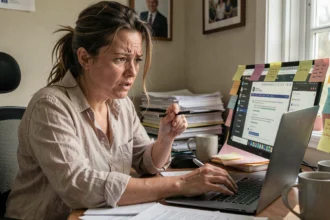 Femme stressée devant son ordinateur, signe de suractivité mentale liée à un excès de dopamine