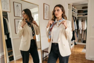 Femme trentenaire devant un miroir en pied dans un appartement parisien, tenant des foulards pour améliorer son style vestimentaire