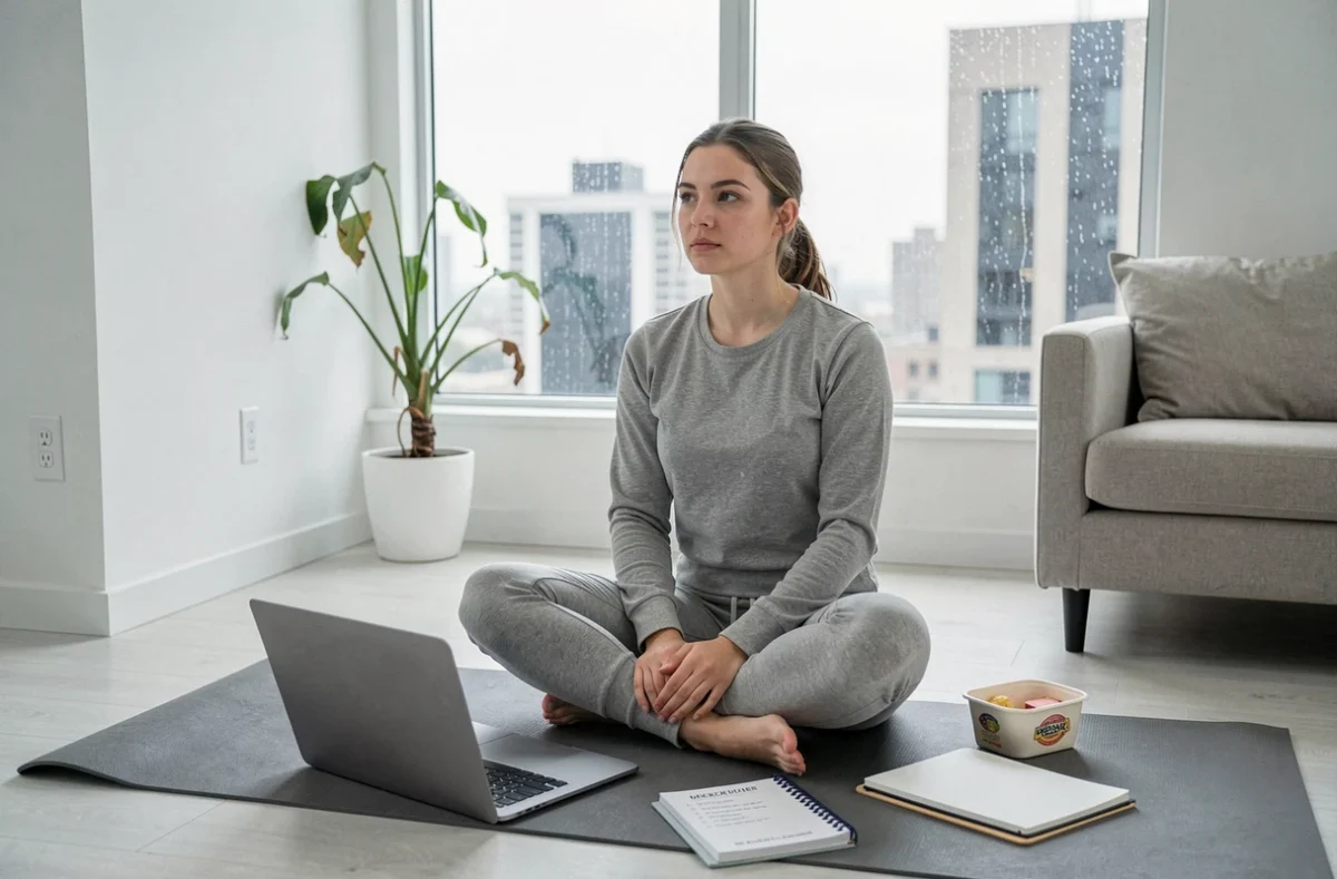 Jeune femme assise sur un tapis de yoga entourée de travail et de désordre, illustrant la difficulté à trouver un équilibre de vie sain
