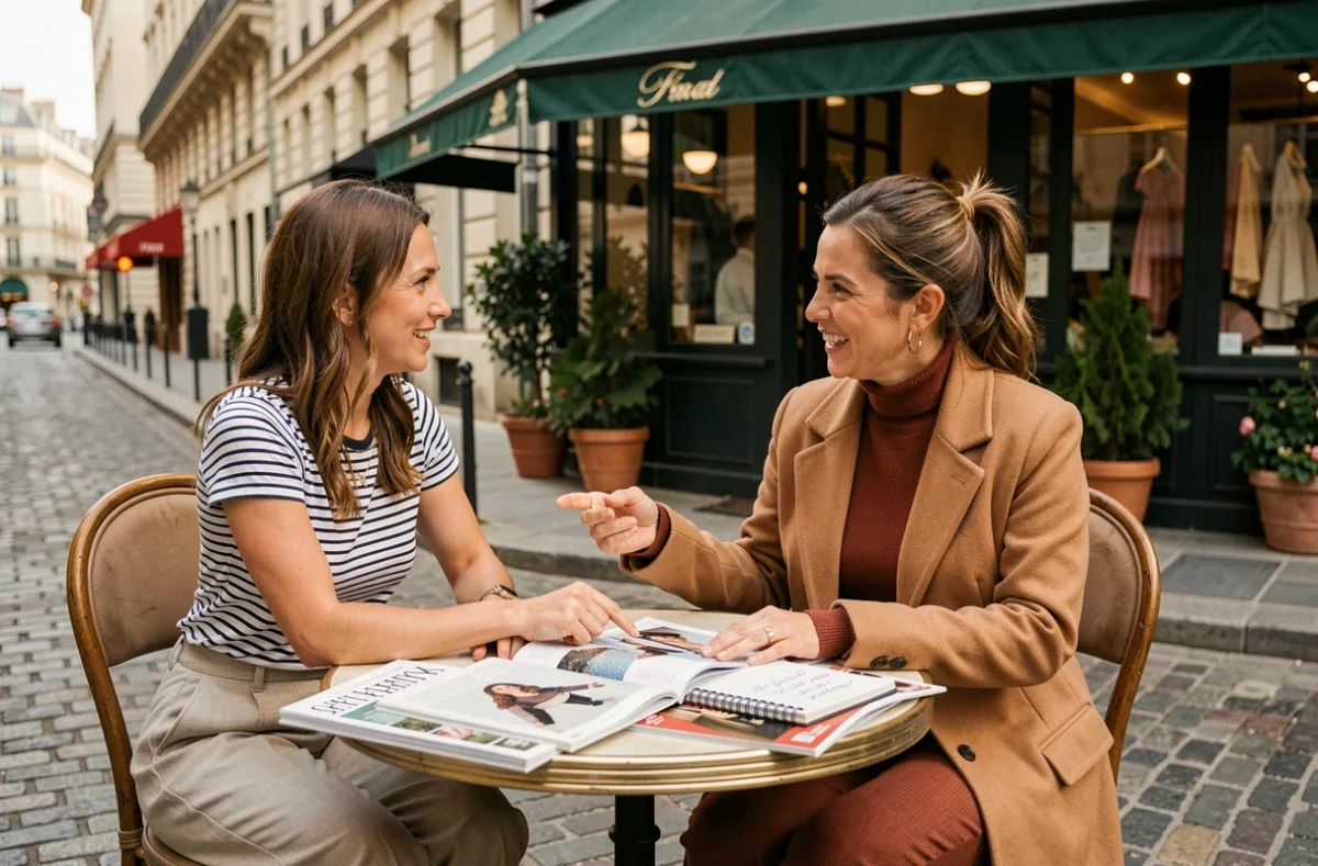 Deux femmes discutant de conseils de style autour de magazines de mode en terrasse de café à Paris