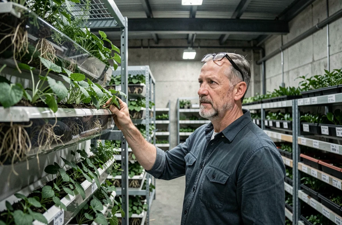 Agriculteur urbain inspectant un mur de culture hydroponique dans un entrepôt industriel reconverti en ferme urbaine