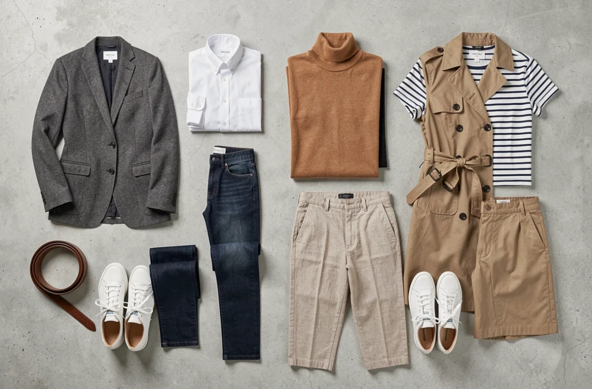 Flat lay d'une garde-robe capsule complète avec pièces essentielles sur fond béton clair