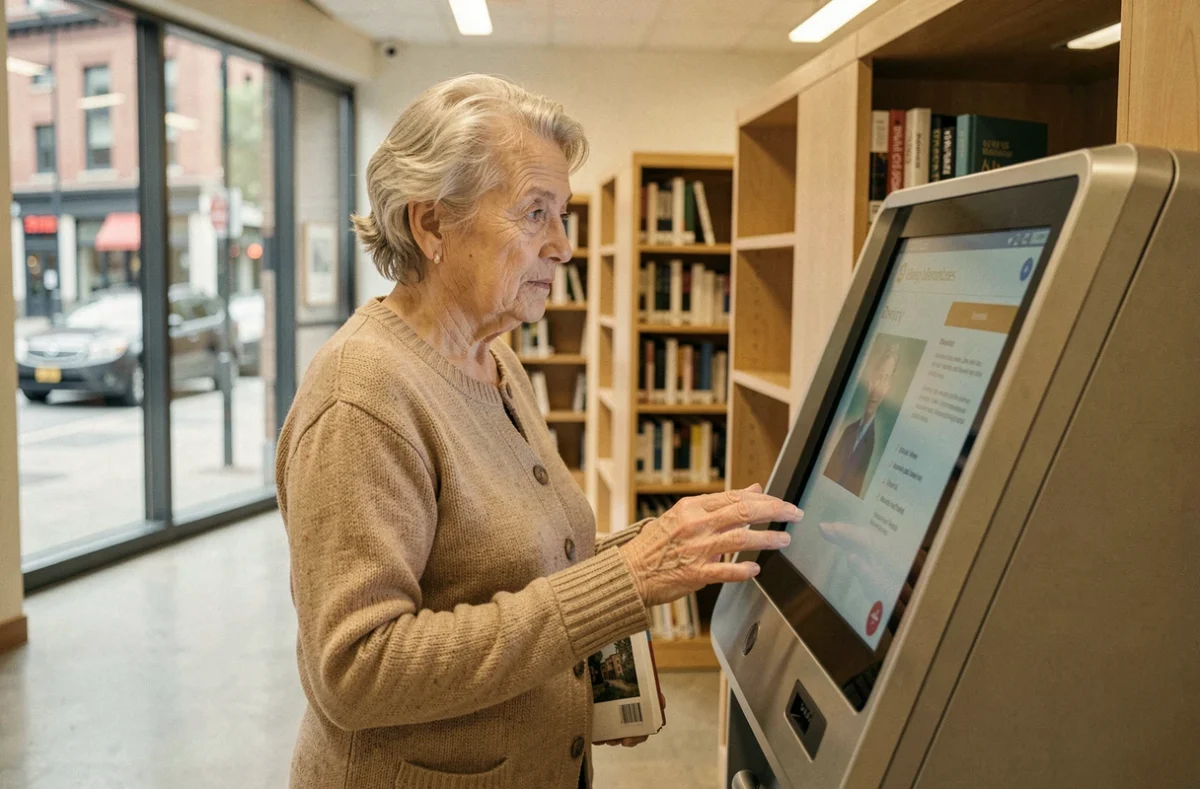 Femme âgée face à une borne numérique en bibliothèque publique, représentant la fracture numérique comme conséquence sociale imprévue des innovations technologiques