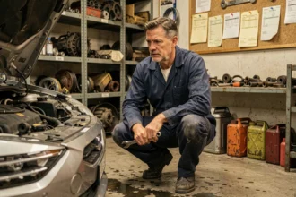 Garagiste indépendant en combinaison bleue travaillant sur un moteur dans un atelier traditionnel, illustrant l'avenir des métiers de la mécanique automobile