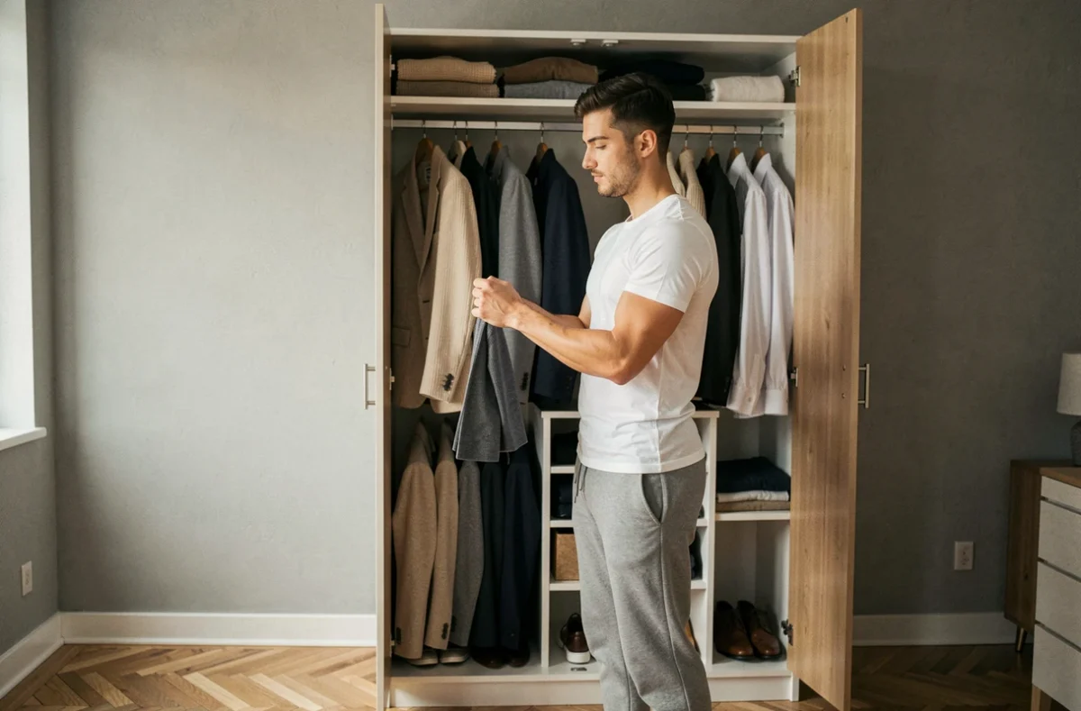 Jeune homme choisissant une tenue dans une garde-robe capsule organisée et minimaliste