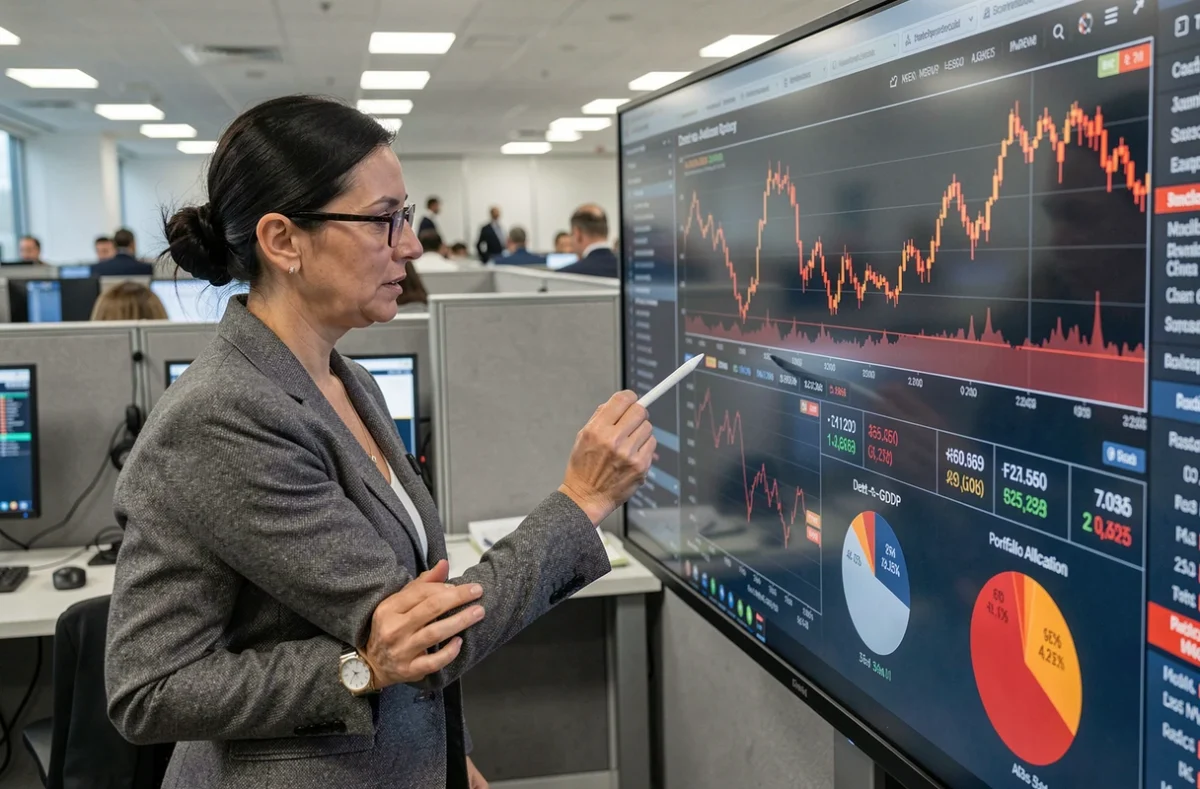 Gestionnaire de portefeuille analysant les indicateurs de dette sur un écran de trading professionnel