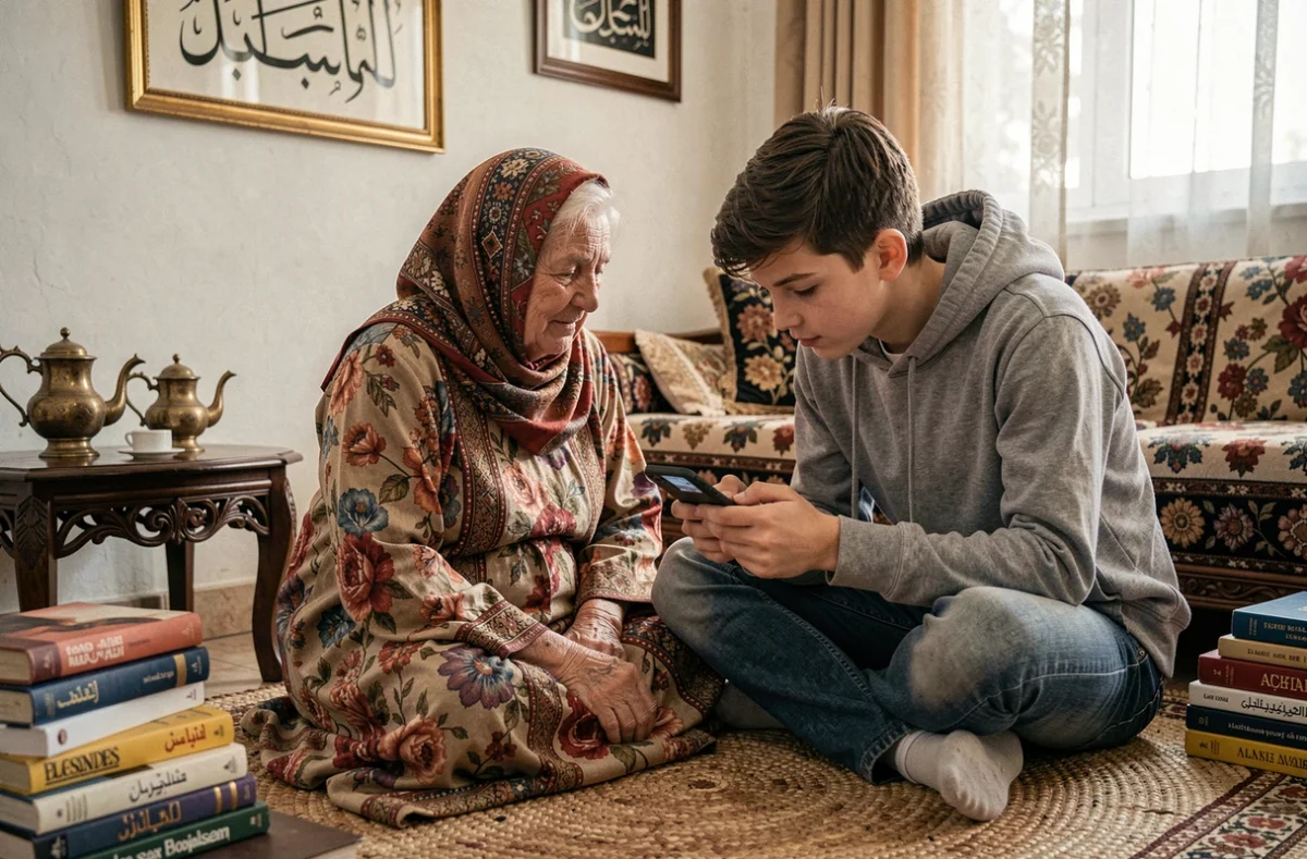 Grand-mère et adolescent partageant un moment intergénérationnel entre traditions culturelles et modernité
