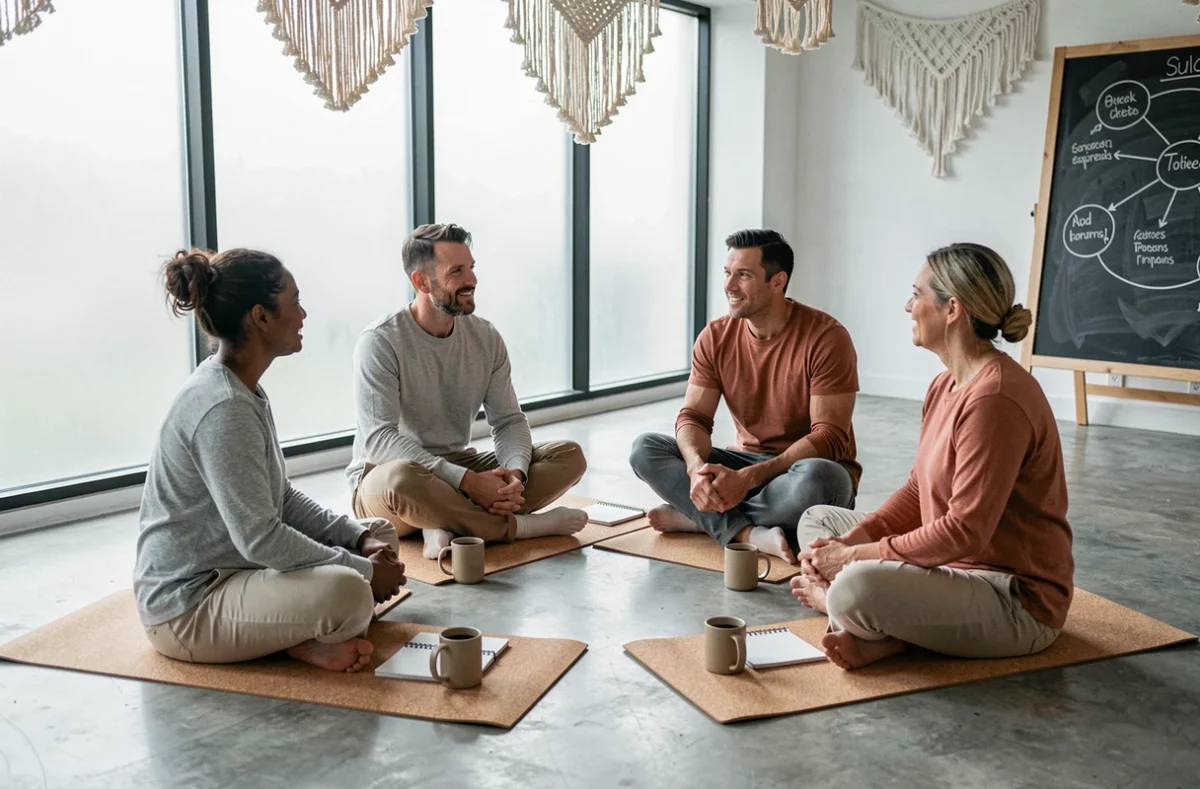 Groupe de personnes en cercle de discussion dans un centre de bien-être holistique, approche collective et globale de la santé