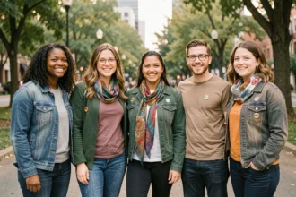 Groupe de personnes adultes diversifiées portant des accessoires aux couleurs arc-en-ciel dans un parc urbain, symbolisant l'inclusion et la communauté 2SLGBTQI+