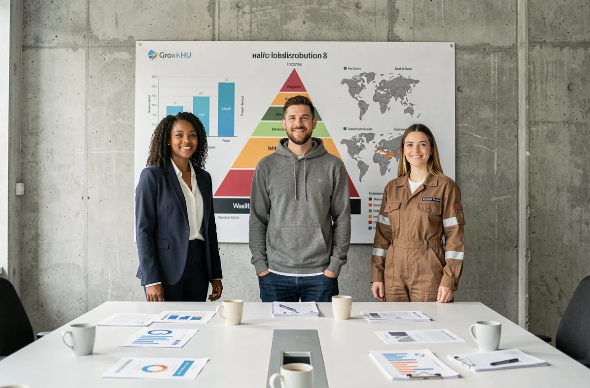 Groupe de personnes aux profils socio-économiques variés devant une infographie sur les inégalités