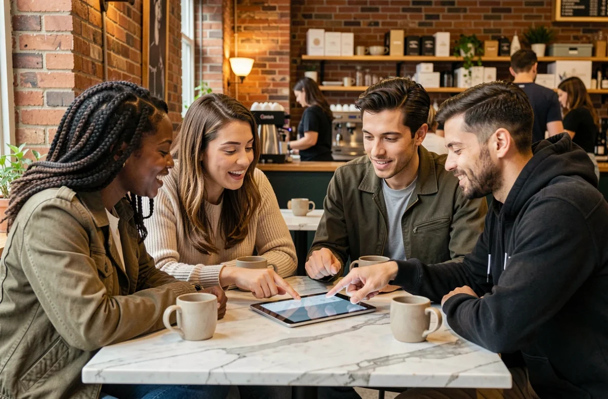Groupe mixte de personnes comparant des achats en ligne sur une tablette dans un café urbain
