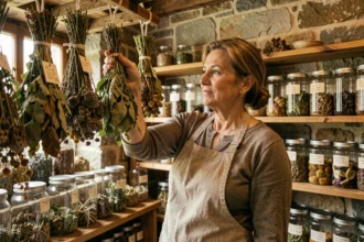 Herboriste examinant des plantes médicinales séchées dans une boutique traditionnelle de phytothérapie