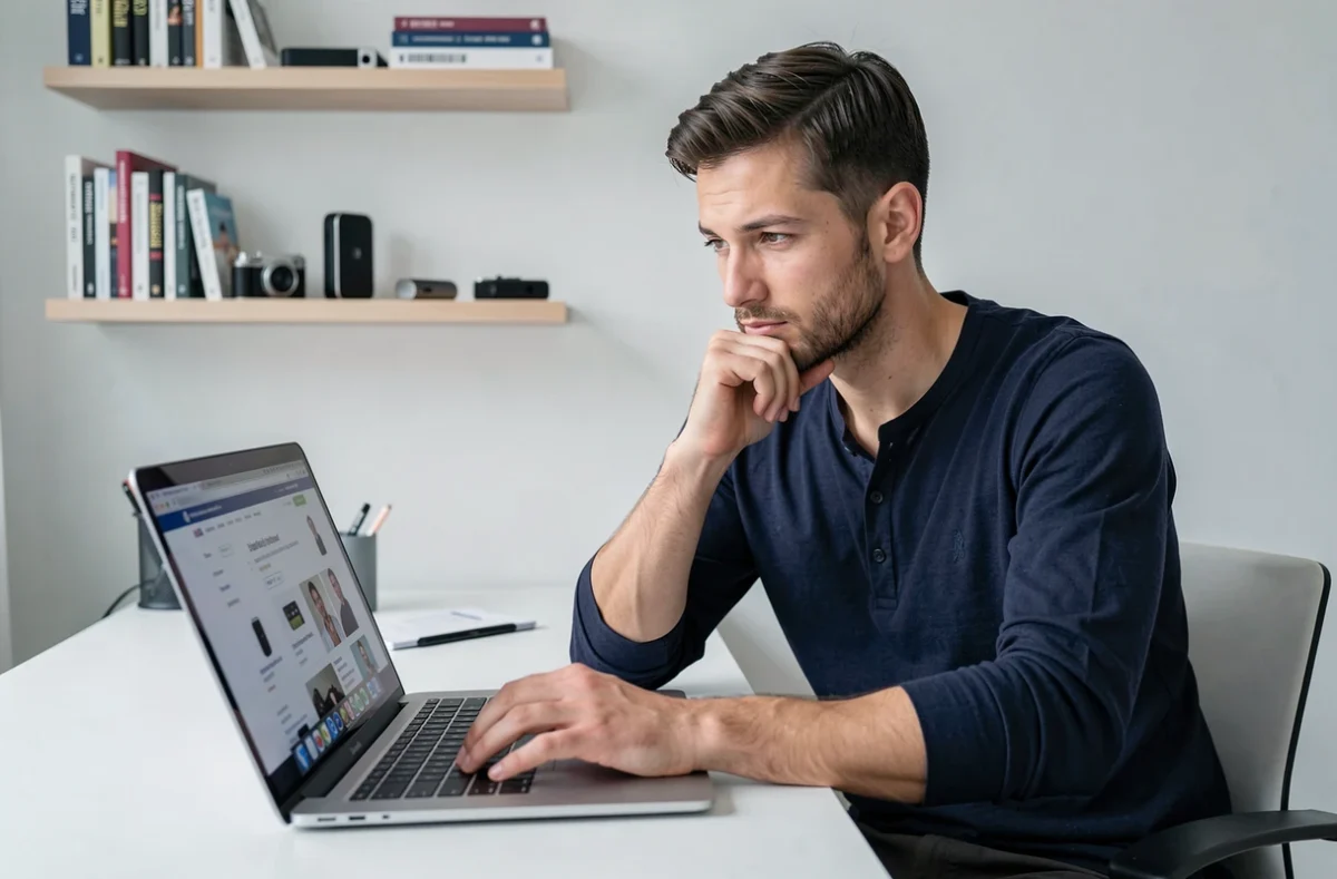 Homme naviguant sur un site e-commerce sur son ordinateur portable dans un bureau à domicile minimaliste