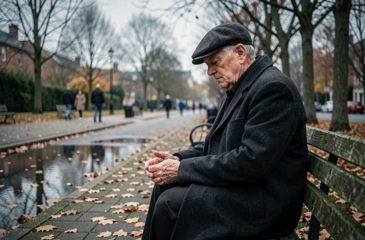 Homme âgé seul sur un banc de parc en automne, expression mélancolique illustrant la dépression chez les seniors