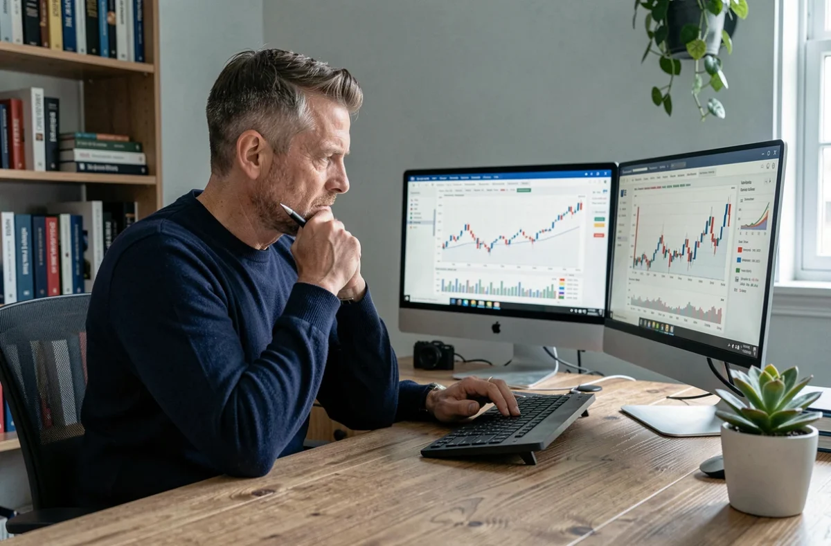 Homme analysant des graphiques de revenus passifs dans un bureau à domicile bien organisé
