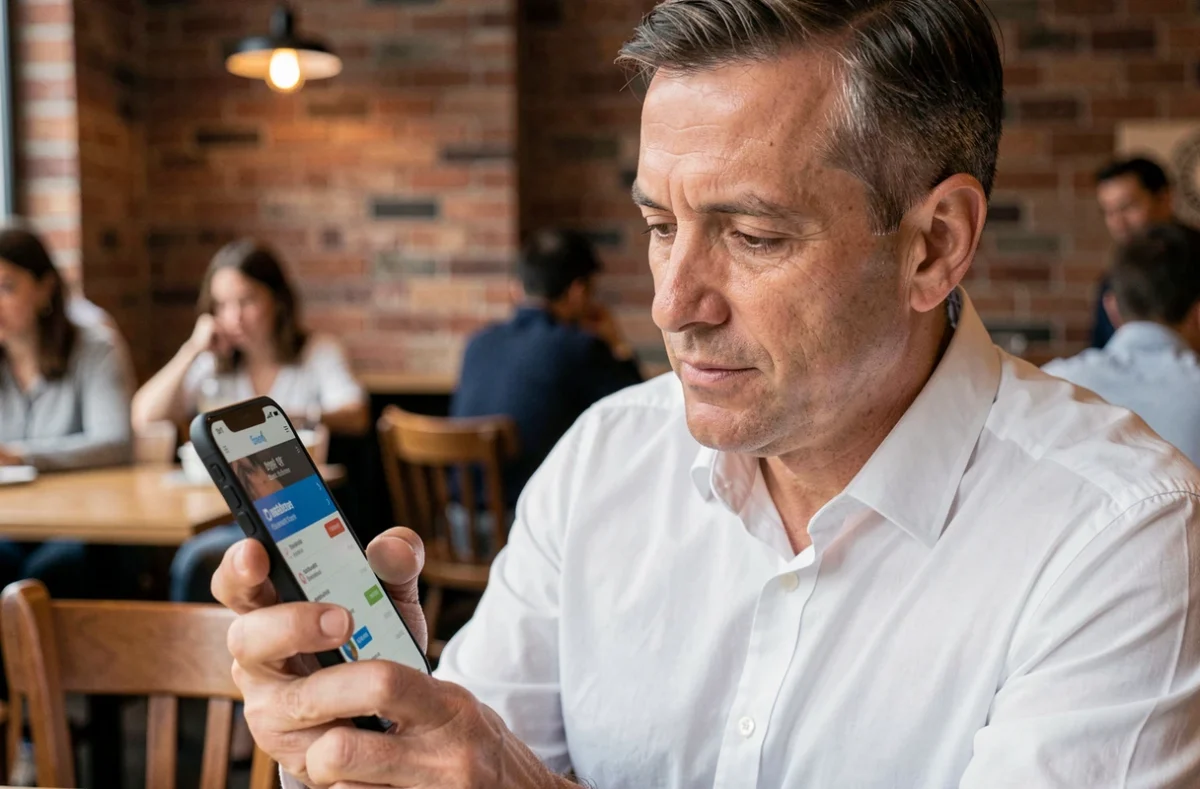 Homme utilisant une application de banque mobile sur smartphone dans un café urbain